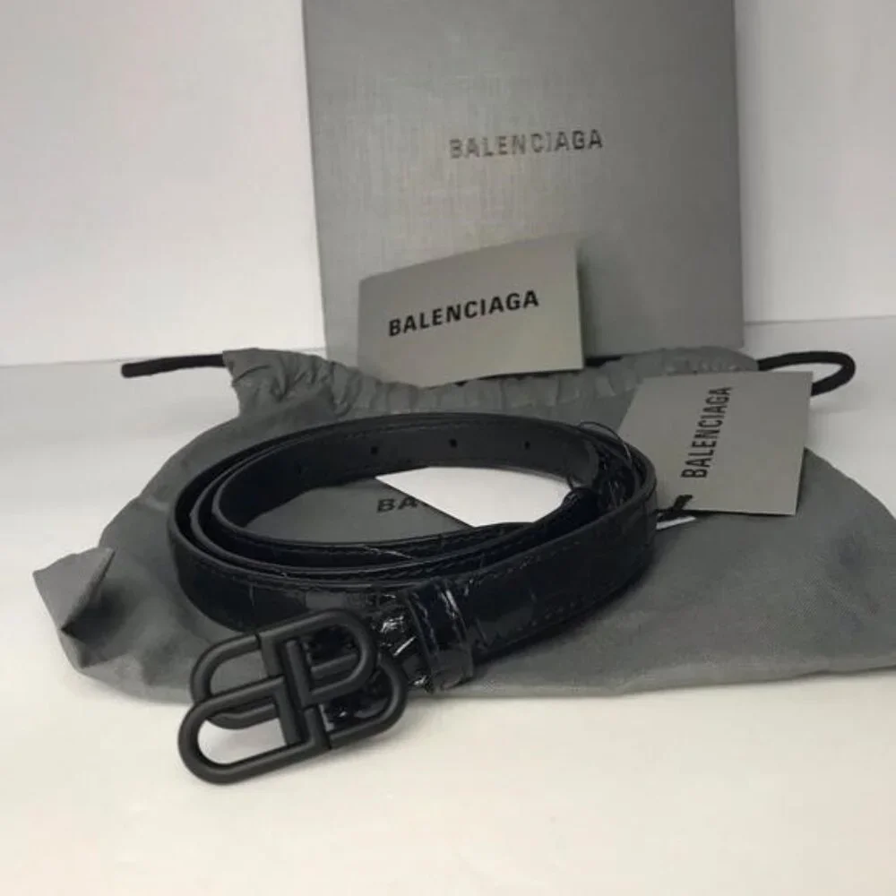 New Authentic Balenciaga BB Logo Buckle Croc Embossed Leather Skinny Belt - Picture 1 of 14